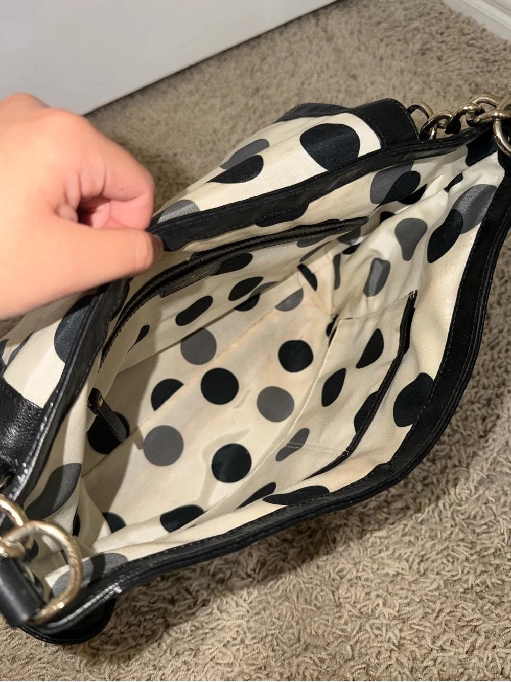 Kate Spade Black Pebbled Leather Flap Shoulder Bag Gold Chain S363 Polka Dot